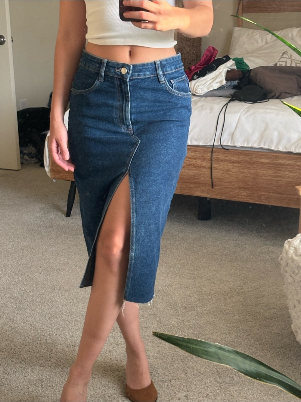 Zara Dark Blue Denim Midi Skirt with Front Slit